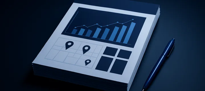 어두운 배경 위에 놓인 월간 검색 관리 보고서 묶음
